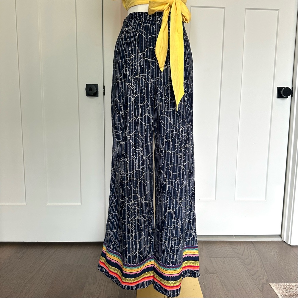 Funky Navy Wide Leg Pants with Colorful Border Print | Size S